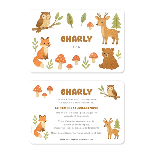 Invitation anniversaire enfant animaux de la forêt champignons automne