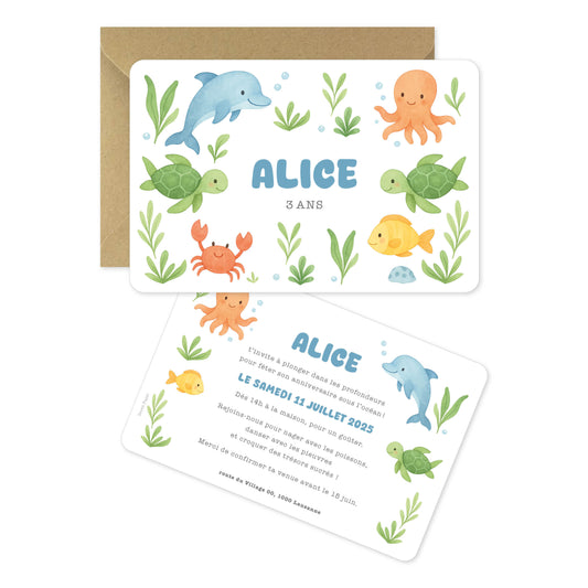 Invitation anniversaire enfant océan animaux de la mer