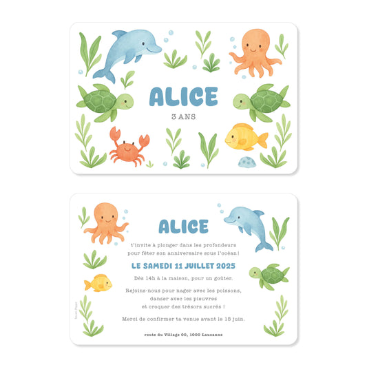 Invitation anniversaire enfant océan animaux de la mer