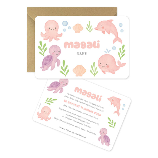 Invitation anniversaire océan animaux de la mer rose violet