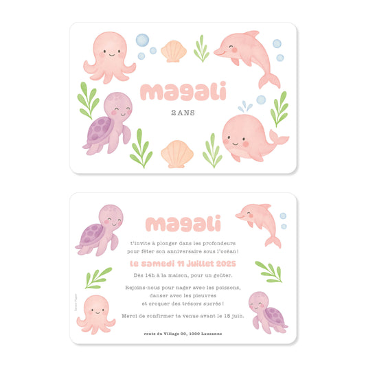 Invitation anniversaire océan animaux de la mer rose violet