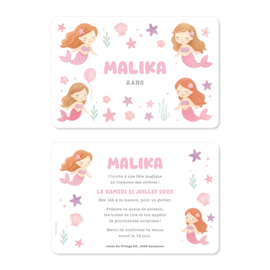 Invitation anniversaire fille océan sirènes rose