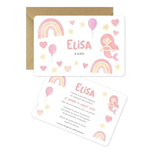 Invitation anniversaire fille océan sirènes arc-en-ciel rose