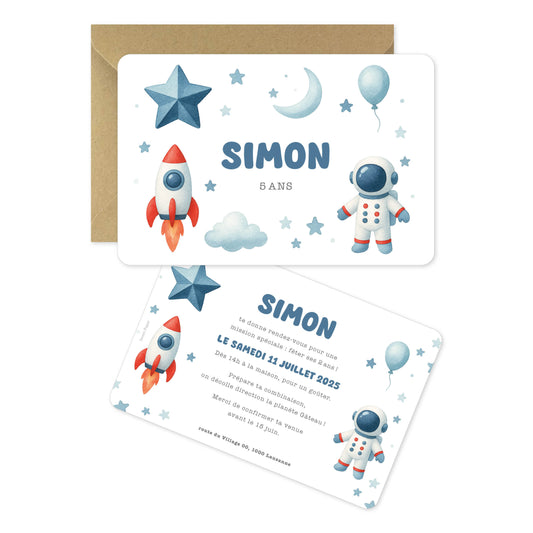 Invitation anniversaire astronaute espace fusée bleu rouge