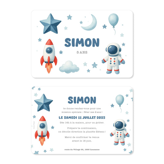 Invitation anniversaire astronaute espace fusée bleu rouge