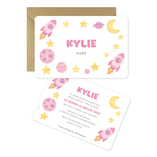 Invitation anniversaire astronaute espace fusée rose jaune
