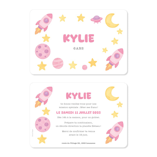 Invitation anniversaire astronaute espace fusée rose jaune