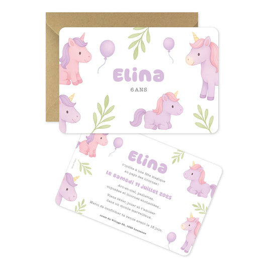 Invitation anniversaire licornes rose violet vert