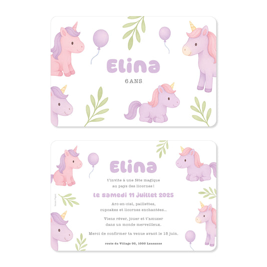 Invitation anniversaire licornes rose violet vert