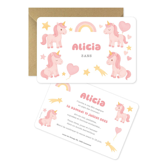 Invitation anniversaire licornes étoiles rose jaune