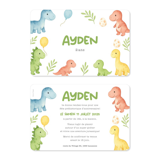 Invitation anniversaire enfant illustration dinosaure mix couleurs