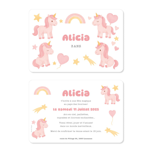 Invitation anniversaire licornes étoiles rose jaune