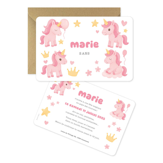 Invitation anniversaire licornes princesse rose jaune