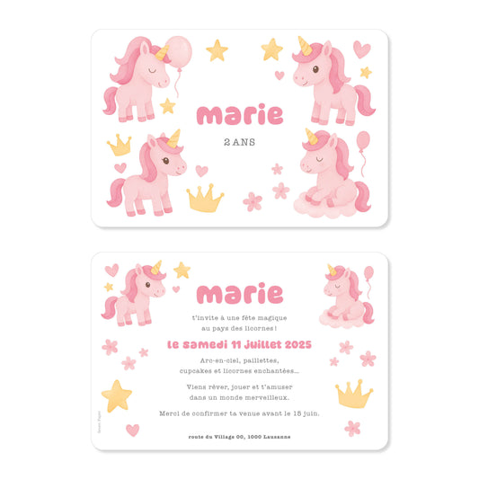 Invitation anniversaire licornes princesse rose jaune