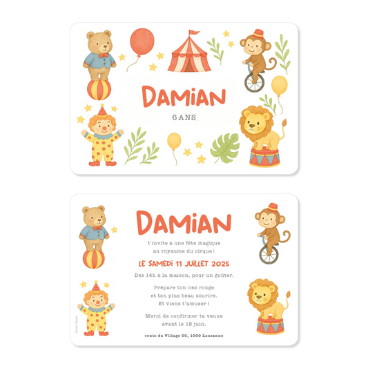 Invitation anniversaire enfant cirque animaux