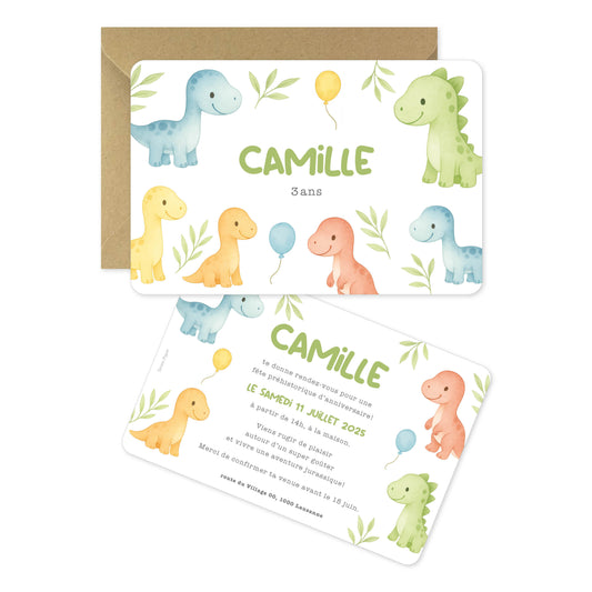 Invitation anniversaire enfant dinosaures vert rouge bleu jaune