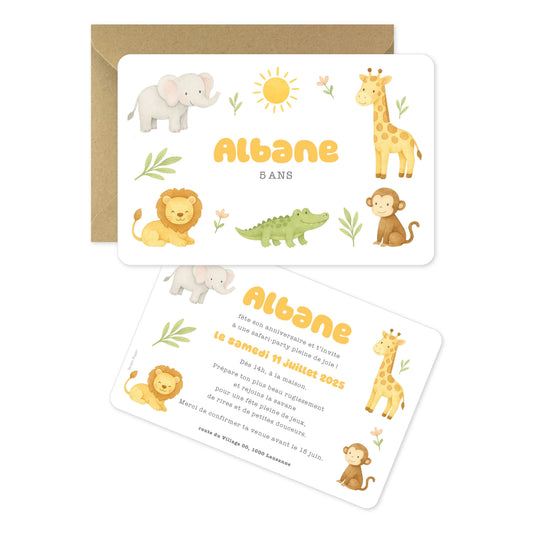 Invitation anniversaire enfant lion éléphant girafe safari jungle
