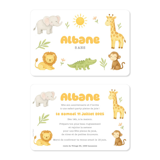Invitation anniversaire enfant lion éléphant girafe safari jungle