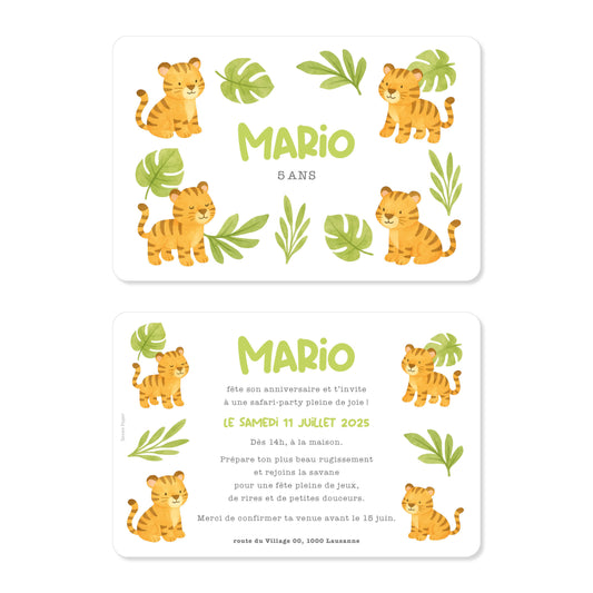 Invitation anniversaire enfant tigre safari jungle