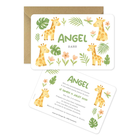 Invitation anniversaire enfant girafe safari jungle