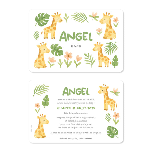 Invitation anniversaire enfant girafe safari jungle