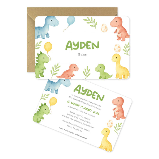 Invitation anniversaire enfant illustration dinosaure mix couleurs