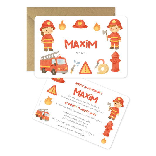 Invitation anniversaire enfant pompier camion feu rouge