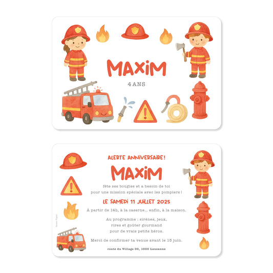 Invitation anniversaire enfant pompier camion feu rouge