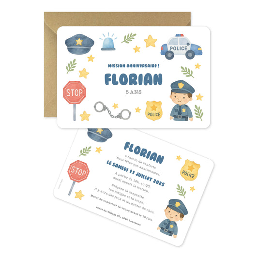 Invitation anniversaire enfant policier police