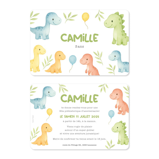 Invitation anniversaire enfant dinosaures vert rouge bleu jaune