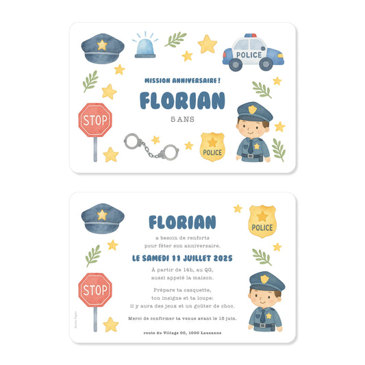 Invitation anniversaire enfant policier police