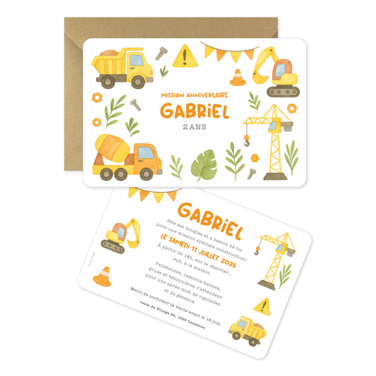 Invitation anniversaire enfant chantier construction grue
