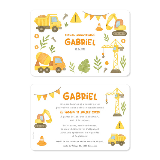 Invitation anniversaire enfant chantier construction grue
