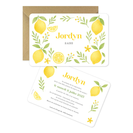 Invitation anniversaire enfant citron été jaune vert