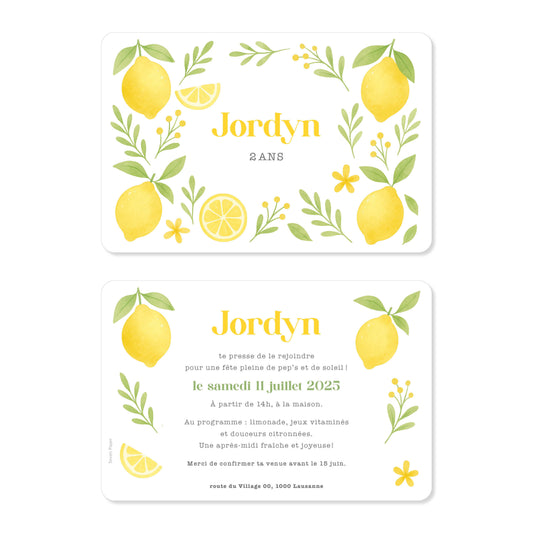 Invitation anniversaire enfant citron été jaune vert