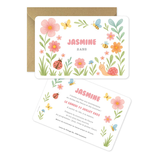 Invitation anniversaire enfant fleurs des champs papillons