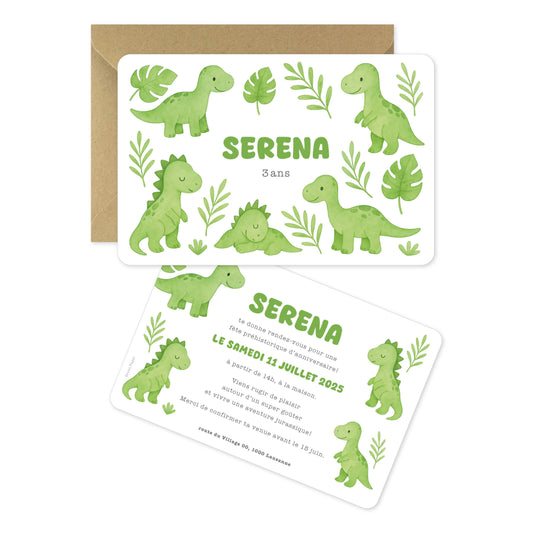 Invitation anniversaire enfant fille garçon dinosaures vert