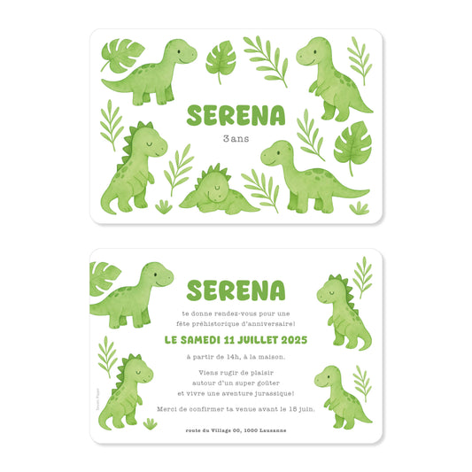 Invitation anniversaire enfant fille garçon dinosaures vert