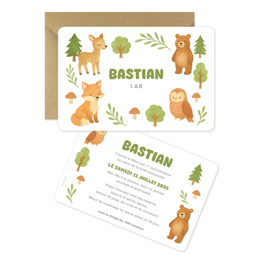 Invitation anniversaire enfant animaux de la forêt vert