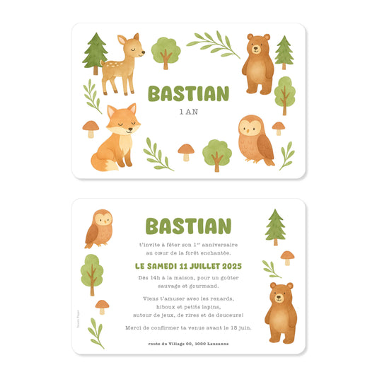 Invitation anniversaire enfant animaux de la forêt vert