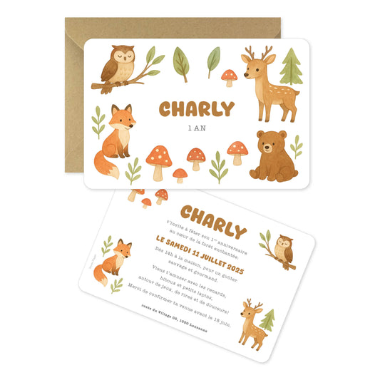 Invitation anniversaire enfant animaux de la forêt champignons automne