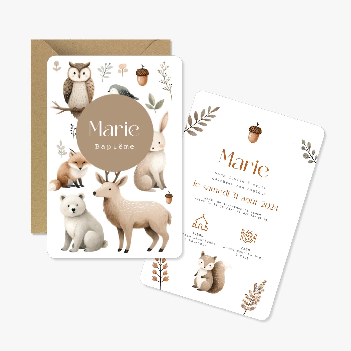 Invitation baptême illustration aquarelle animaux forêt