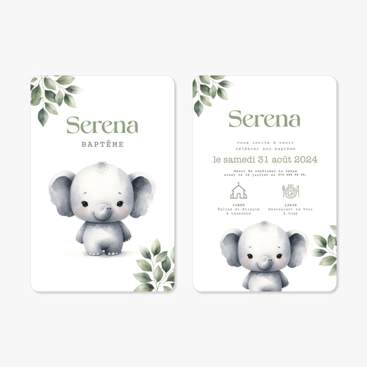 Invitation baptême illustration aquarelle éléphant