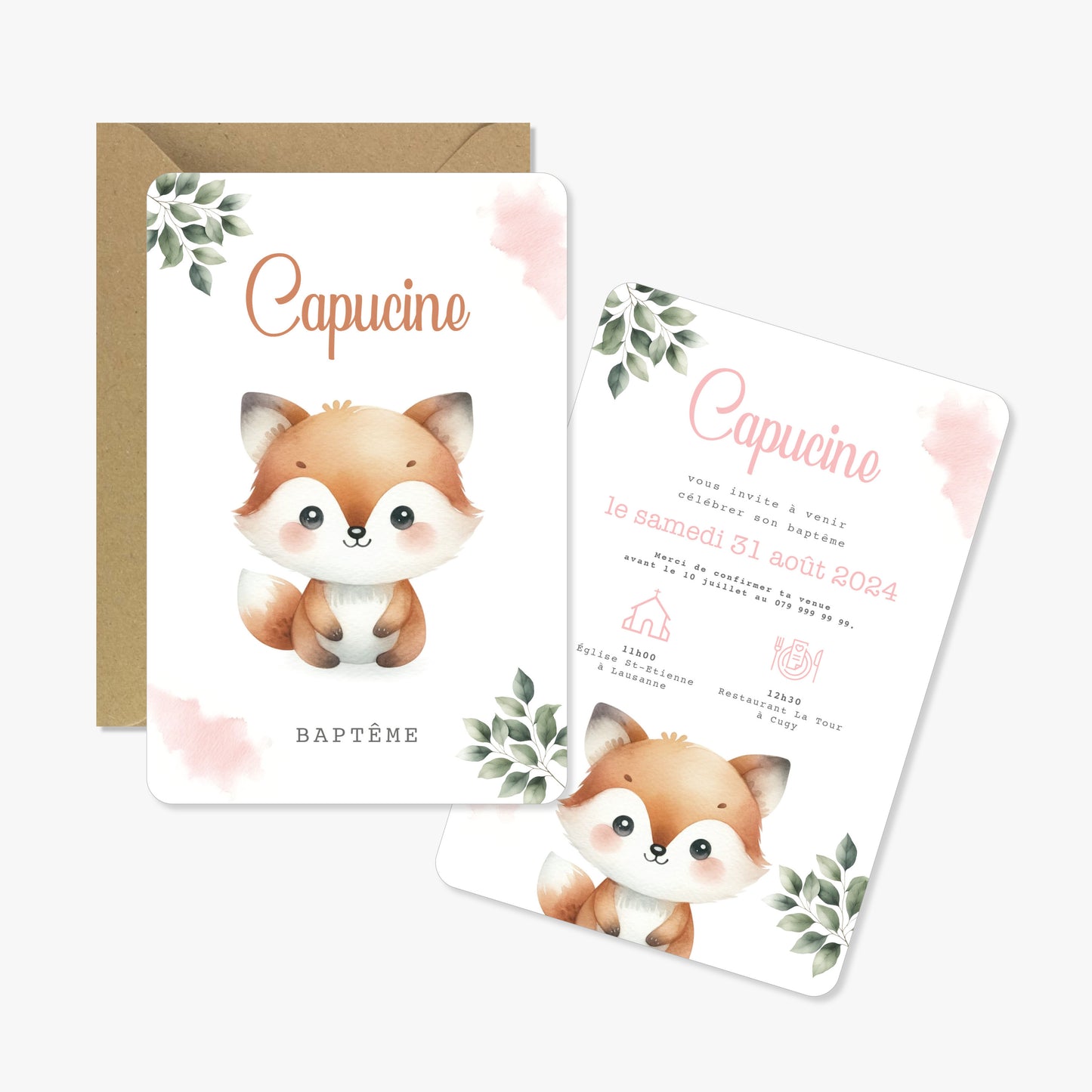 Invitation baptême illustration aquarelle renard