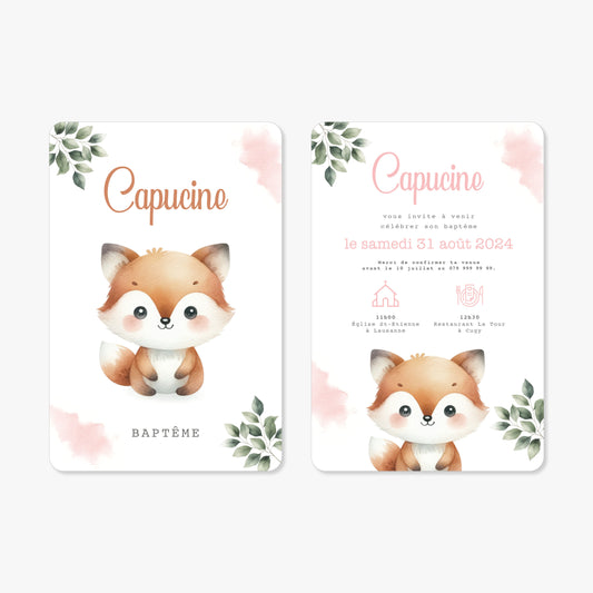 Invitation baptême illustration aquarelle renard