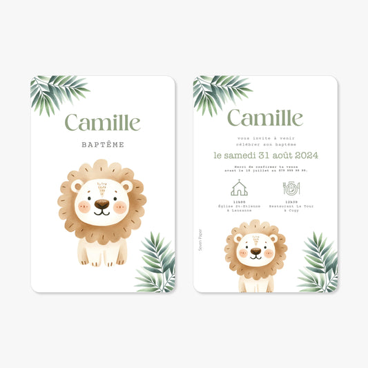 Invitation baptême illustration aquarelle lion