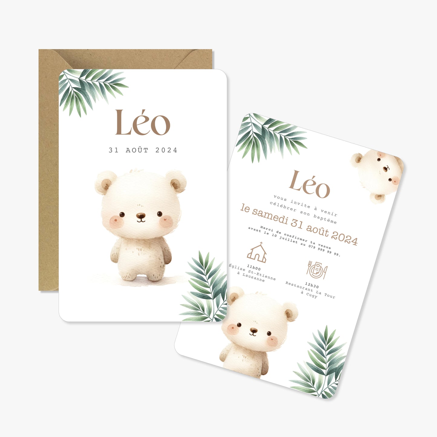 Invitation baptême illustration aquarelle ours