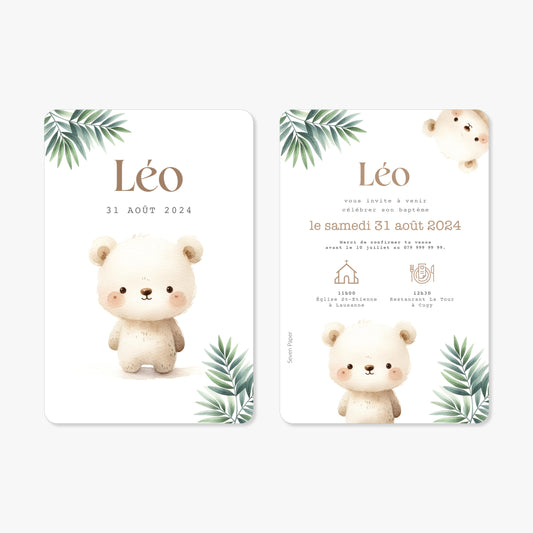 Invitation baptême illustration aquarelle ours