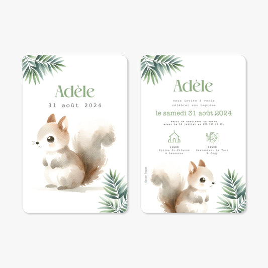 Invitation baptême illustration aquarelle écureuil
