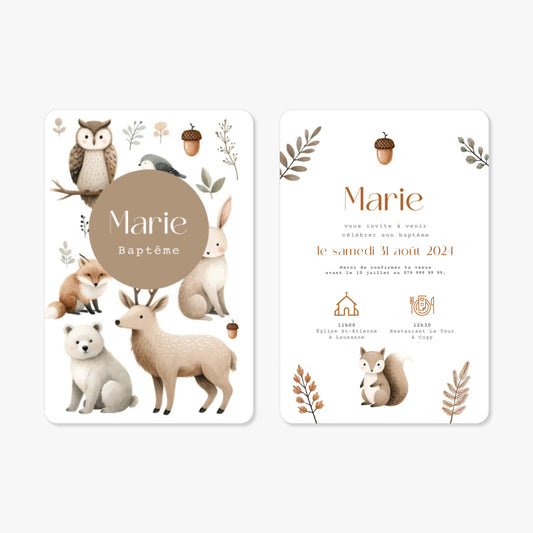 Invitation baptême illustration aquarelle animaux forêt